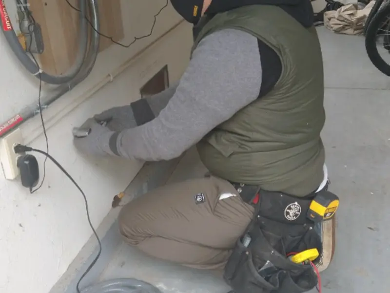 Electrician performing outlet wiring in a Parksdale garage